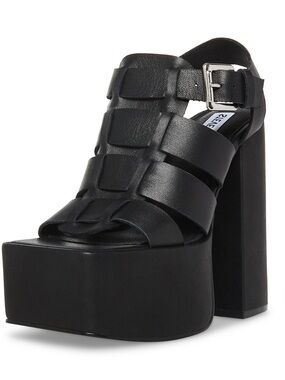Steve Madden Black Leather Platform Block Heel Sandal